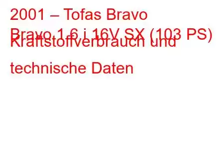 2001 – Tofas Bravo
Bravo 1.6 i 16V SX (103 PS) Kraftstoffverbrauch und technische Daten