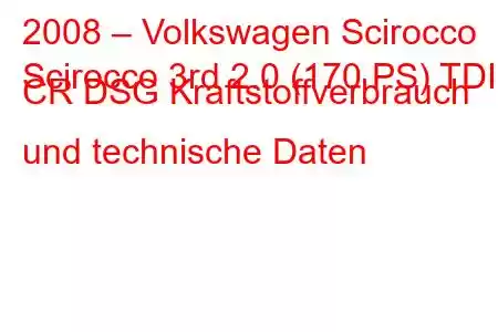 2008 – Volkswagen Scirocco
Scirocco 3rd 2.0 (170 PS) TDI CR DSG Kraftstoffverbrauch und technische Daten