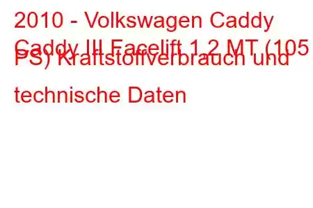 2010 - Volkswagen Caddy
Caddy III Facelift 1,2 MT (105 PS) Kraftstoffverbrauch und technische Daten