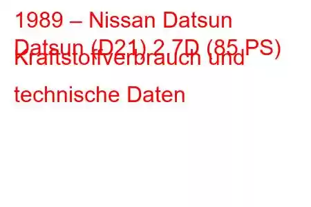 1989 – Nissan Datsun
Datsun (D21) 2.7D (85 PS) Kraftstoffverbrauch und technische Daten