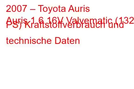 2007 – Toyota Auris
Auris 1.6 16V Valvematic (132 PS) Kraftstoffverbrauch und technische Daten