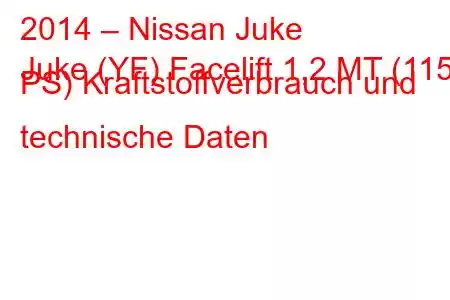 2014 – Nissan Juke
Juke (YF) Facelift 1,2 MT (115 PS) Kraftstoffverbrauch und technische Daten