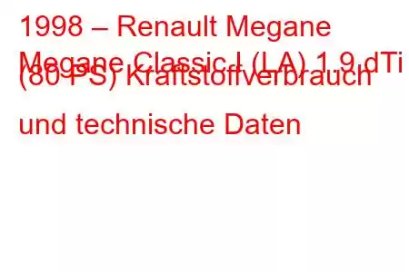 1998 – Renault Megane
Megane Classic I (LA) 1.9 dTi (80 PS) Kraftstoffverbrauch und technische Daten