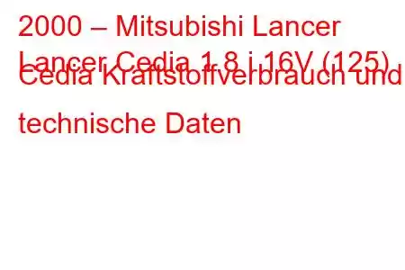 2000 – Mitsubishi Lancer
Lancer Cedia 1.8 i 16V (125) Cedia Kraftstoffverbrauch und technische Daten