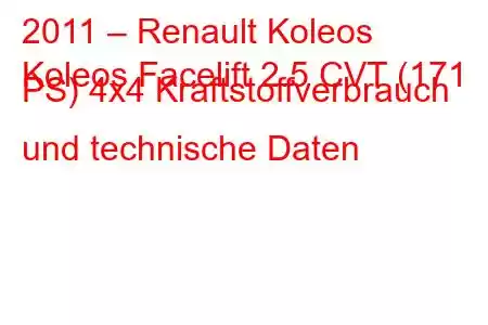 2011 – Renault Koleos
Koleos Facelift 2.5 CVT (171 PS) 4x4 Kraftstoffverbrauch und technische Daten