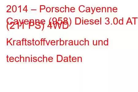 2014 – Porsche Cayenne
Cayenne (958) Diesel 3.0d AT (211 PS) 4WD Kraftstoffverbrauch und technische Daten