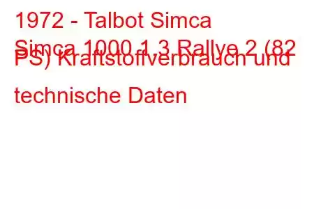 1972 - Talbot Simca
Simca 1000 1.3 Rallye 2 (82 PS) Kraftstoffverbrauch und technische Daten