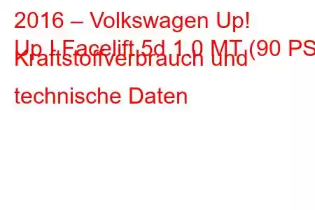 2016 – Volkswagen Up!
Up I Facelift 5d 1.0 MT (90 PS) Kraftstoffverbrauch und technische Daten