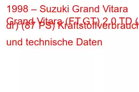 1998 – Suzuki Grand Vitara
Grand Vitara (FT,GT) 2.0 TD (5 dr) (87 PS) Kraftstoffverbrauch und technische Daten