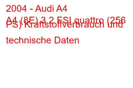 2004 - Audi A4
A4 (8E) 3.2 FSI quattro (256 PS) Kraftstoffverbrauch und technische Daten