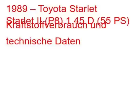 1989 – Toyota Starlet
Starlet II (P8) 1.45 D (55 PS) Kraftstoffverbrauch und technische Daten