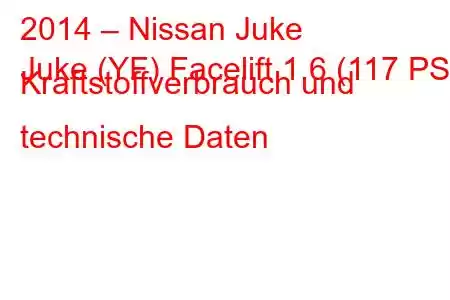 2014 – Nissan Juke
Juke (YF) Facelift 1.6 (117 PS) Kraftstoffverbrauch und technische Daten