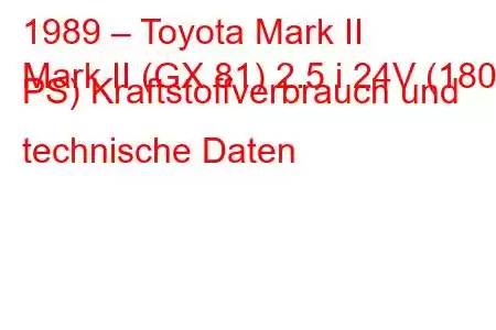 1989 – Toyota Mark II
Mark II (GX 81) 2.5 i 24V (180 PS) Kraftstoffverbrauch und technische Daten