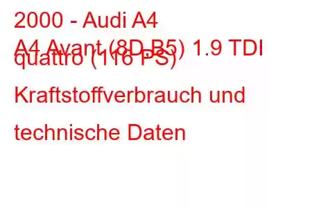 2000 - Audi A4
A4 Avant (8D,B5) 1.9 TDI quattro (116 PS) Kraftstoffverbrauch und technische Daten