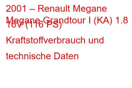 2001 – Renault Megane
Megane Grandtour I (KA) 1.8 16V (116 PS) Kraftstoffverbrauch und technische Daten