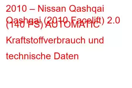 2010 – Nissan Qashqai
Qashqai (2010 Facelift) 2.0 (140 PS) AUTOMATIC Kraftstoffverbrauch und technische Daten