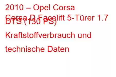 2010 – Opel Corsa
Corsa D Facelift 5-Türer 1.7 DTS (130 PS) Kraftstoffverbrauch und technische Daten