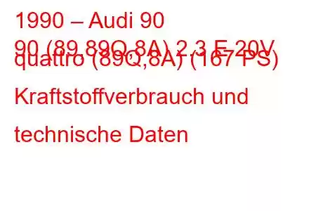 1990 – Audi 90
90 (89,89Q,8A) 2.3 E 20V quattro (89Q,8A) (167 PS) Kraftstoffverbrauch und technische Daten