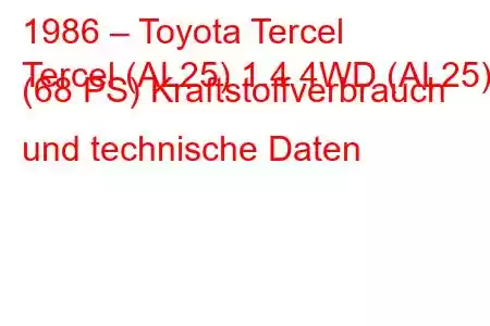 1986 – Toyota Tercel
Tercel (AL25) 1.4 4WD (AL25) (68 PS) Kraftstoffverbrauch und technische Daten