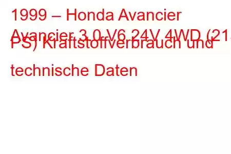 1999 – Honda Avancier
Avancier 3.0 V6 24V 4WD (215 PS) Kraftstoffverbrauch und technische Daten