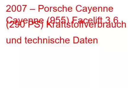 2007 – Porsche Cayenne
Cayenne (955) Facelift 3.6 (290 PS) Kraftstoffverbrauch und technische Daten