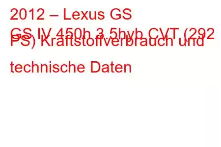 2012 – Lexus GS
GS IV 450h 3.5hyb CVT (292 PS) Kraftstoffverbrauch und technische Daten