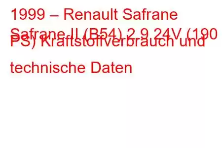 1999 – Renault Safrane
Safrane II (B54) 2.9 24V (190 PS) Kraftstoffverbrauch und technische Daten