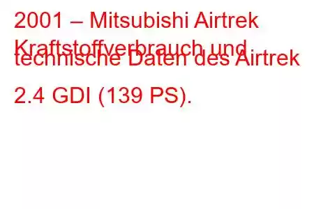 2001 – Mitsubishi Airtrek
Kraftstoffverbrauch und technische Daten des Airtrek 2.4 GDI (139 PS).