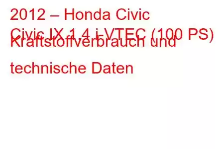 2012 – Honda Civic
Civic IX 1.4 i-VTEC (100 PS) Kraftstoffverbrauch und technische Daten