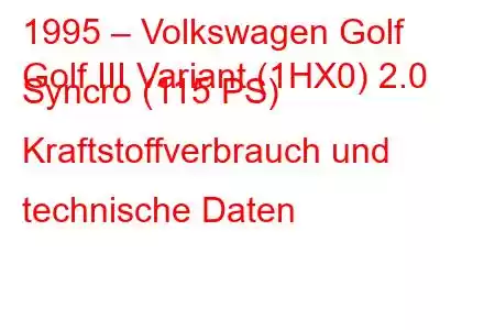 1995 – Volkswagen Golf
Golf III Variant (1HX0) 2.0 Syncro (115 PS) Kraftstoffverbrauch und technische Daten