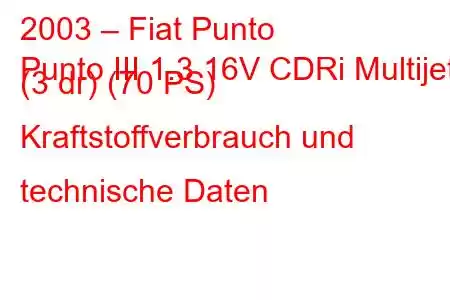 2003 – Fiat Punto
Punto III 1.3 16V CDRi Multijet (3 dr) (70 PS) Kraftstoffverbrauch und technische Daten