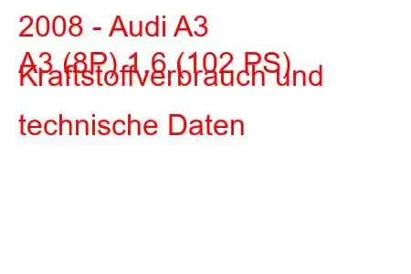 2008 - Audi A3
A3 (8P) 1,6 (102 PS) Kraftstoffverbrauch und technische Daten