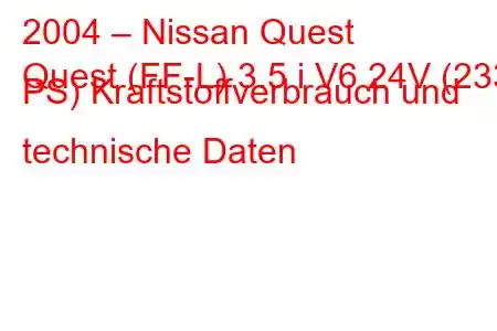 2004 – Nissan Quest
Quest (FF-L) 3.5 i V6 24V (233 PS) Kraftstoffverbrauch und technische Daten