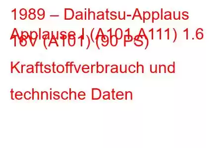 1989 – Daihatsu-Applaus
Applause I (A101,A111) 1.6 16V (A101) (90 PS) Kraftstoffverbrauch und technische Daten