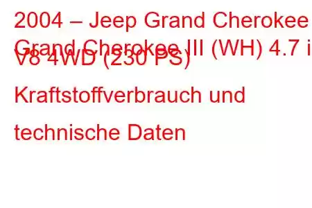 2004 – Jeep Grand Cherokee
Grand Cherokee III (WH) 4.7 i V8 4WD (230 PS) Kraftstoffverbrauch und technische Daten