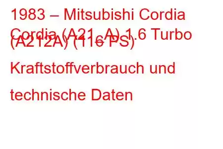 1983 – Mitsubishi Cordia
Cordia (A21_A) 1.6 Turbo (A212A) (116 PS) Kraftstoffverbrauch und technische Daten