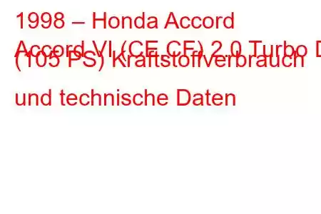 1998 – Honda Accord
Accord VI (CE,CF) 2.0 Turbo Di (105 PS) Kraftstoffverbrauch und technische Daten