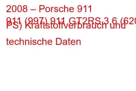 2008 – Porsche 911
911 (997) 911 GT2RS 3,6 (620 PS) Kraftstoffverbrauch und technische Daten