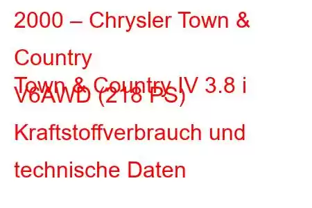 2000 – Chrysler Town & Country
Town & Country IV 3.8 i V6AWD (218 PS) Kraftstoffverbrauch und technische Daten