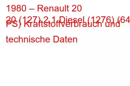 1980 – Renault 20
20 (127) 2,1 Diesel (1276) (64 PS) Kraftstoffverbrauch und technische Daten