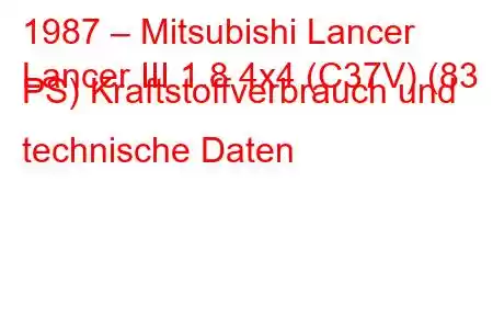 1987 – Mitsubishi Lancer
Lancer III 1.8 4x4 (C37V) (83 PS) Kraftstoffverbrauch und technische Daten