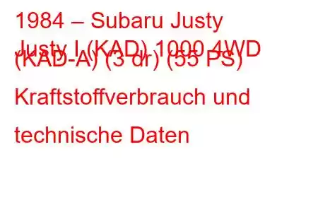 1984 – Subaru Justy
Justy I (KAD) 1000 4WD (KAD-A) (3 dr) (55 PS) Kraftstoffverbrauch und technische Daten