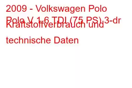 2009 - Volkswagen Polo
Polo V 1.6 TDI (75 PS) 3-dr Kraftstoffverbrauch und technische Daten