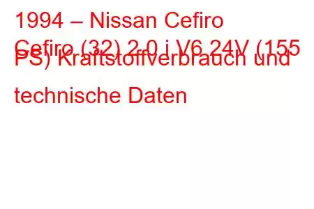 1994 – Nissan Cefiro
Cefiro (32) 2.0 i V6 24V (155 PS) Kraftstoffverbrauch und technische Daten