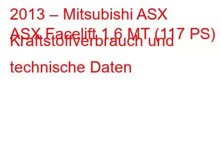 2013 – Mitsubishi ASX
ASX Facelift 1,6 MT (117 PS) Kraftstoffverbrauch und technische Daten