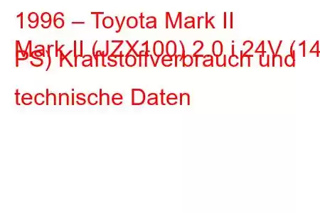 1996 – Toyota Mark II
Mark II (JZX100) 2.0 i 24V (140 PS) Kraftstoffverbrauch und technische Daten