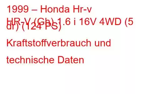 1999 – Honda Hr-v
HR-V (Gh) 1.6 i 16V 4WD (5 dr) (124 PS) Kraftstoffverbrauch und technische Daten