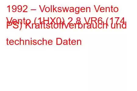 1992 – Volkswagen Vento
Vento (1HX0) 2.8 VR6 (174 PS) Kraftstoffverbrauch und technische Daten