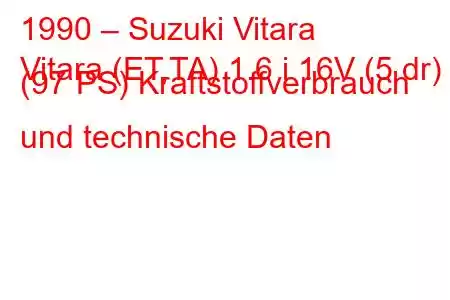 1990 – Suzuki Vitara
Vitara (ET,TA) 1.6 i 16V (5 dr) (97 PS) Kraftstoffverbrauch und technische Daten