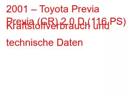 2001 – Toyota Previa
Previa (CR) 2.0 D (116 PS) Kraftstoffverbrauch und technische Daten